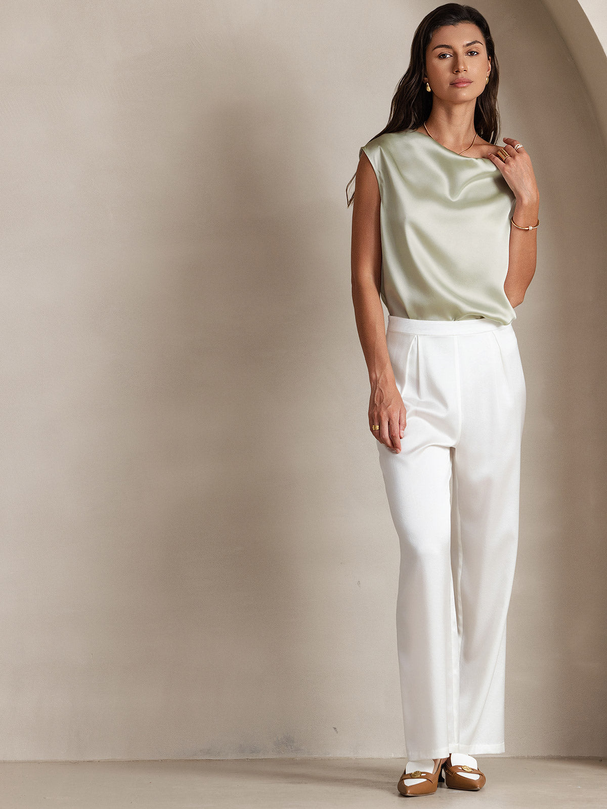 [Hellgrün] SilkSilky-DE 19Momme Seide Ärmellos Wasserfallausschnitt T-Shirt 006