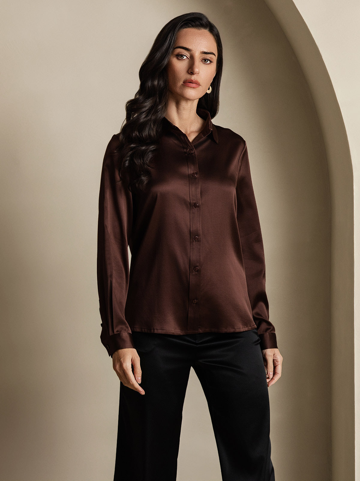 SilkSilky-DE 19Momme Seide Langärmelig Umlegekragen Damenhemd Kaffee 001