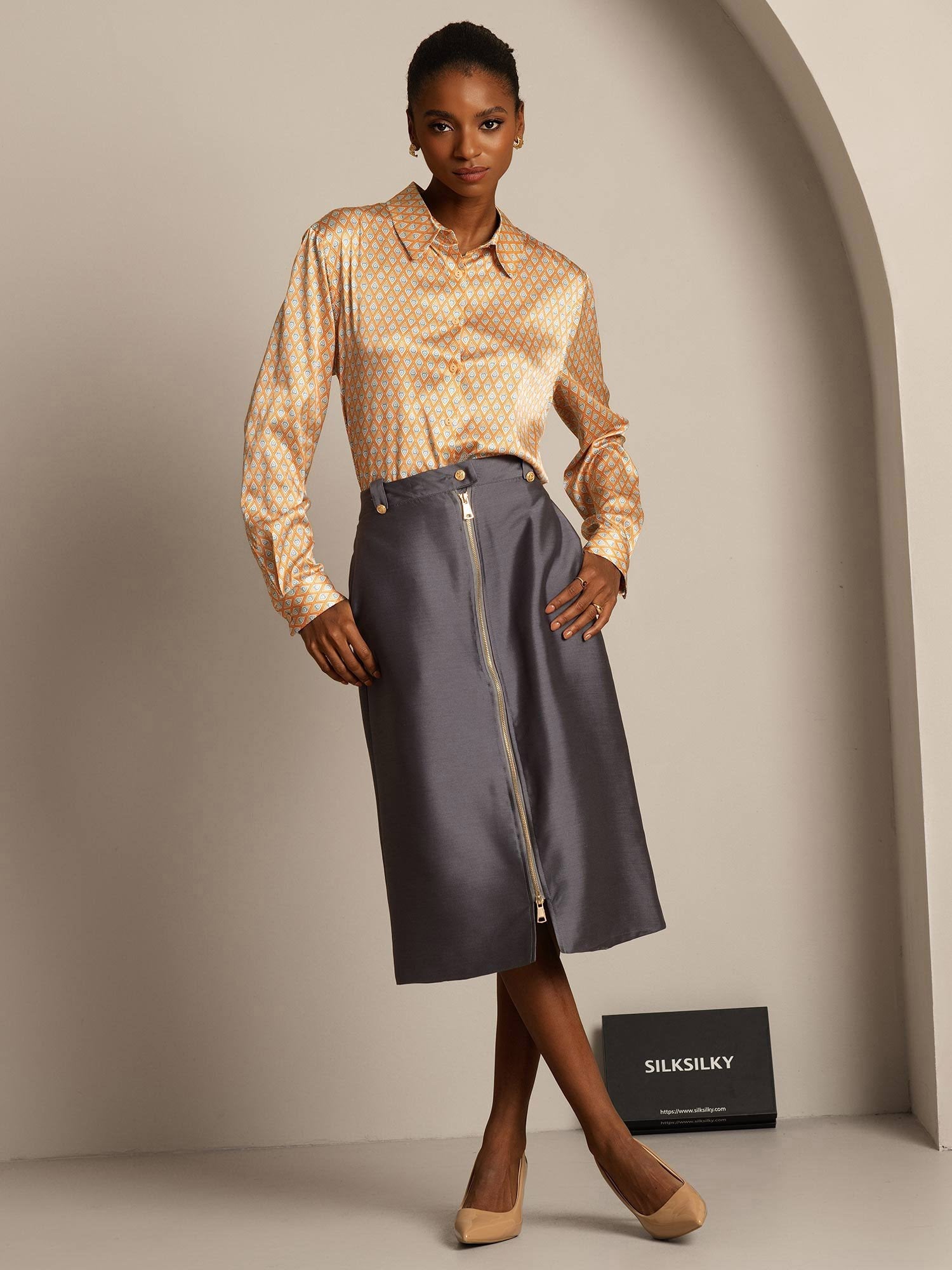 [Grau] SilkSilky-DE 32Momme Silk-Wool Blend Skirt 007,