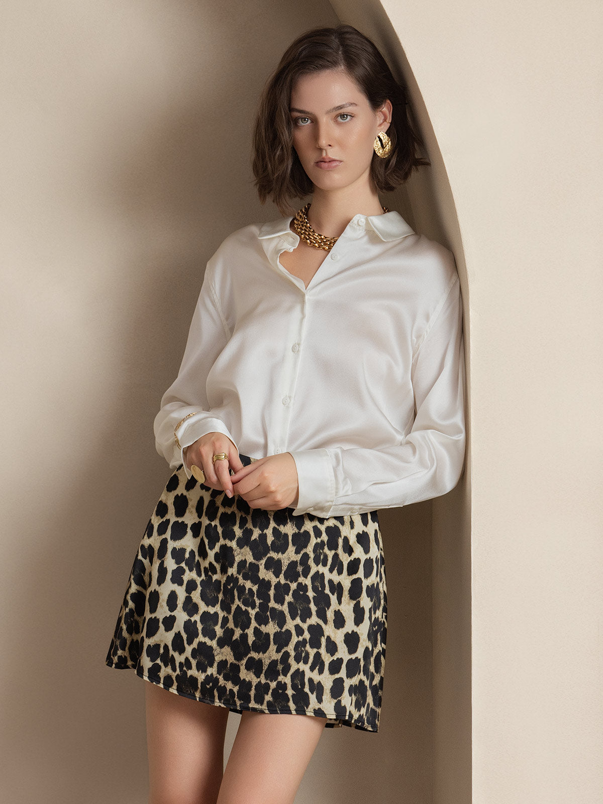 [Weiß] SilkSilky-DE Seide Langärmelig Umlegekragen Damenhemd 004