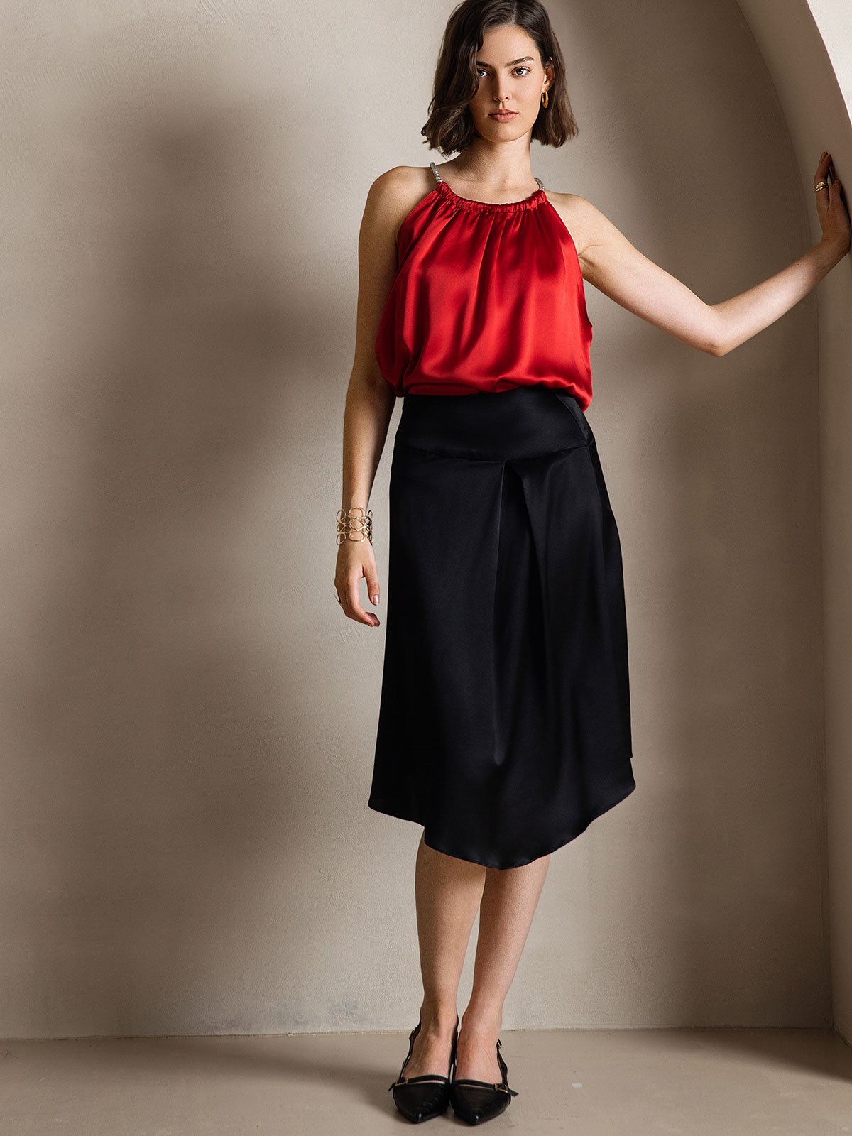 [Rotwein] SilkSilky-DE 19Momme Seide Ärmellos Rundkragen Cami Top 007