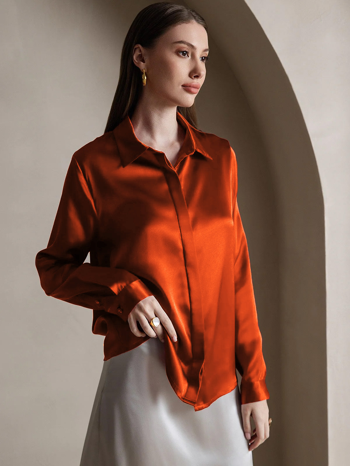 [Karamell] SilkSilky-DE 19Momme Seide Lapel Collar Damenhemd 004
