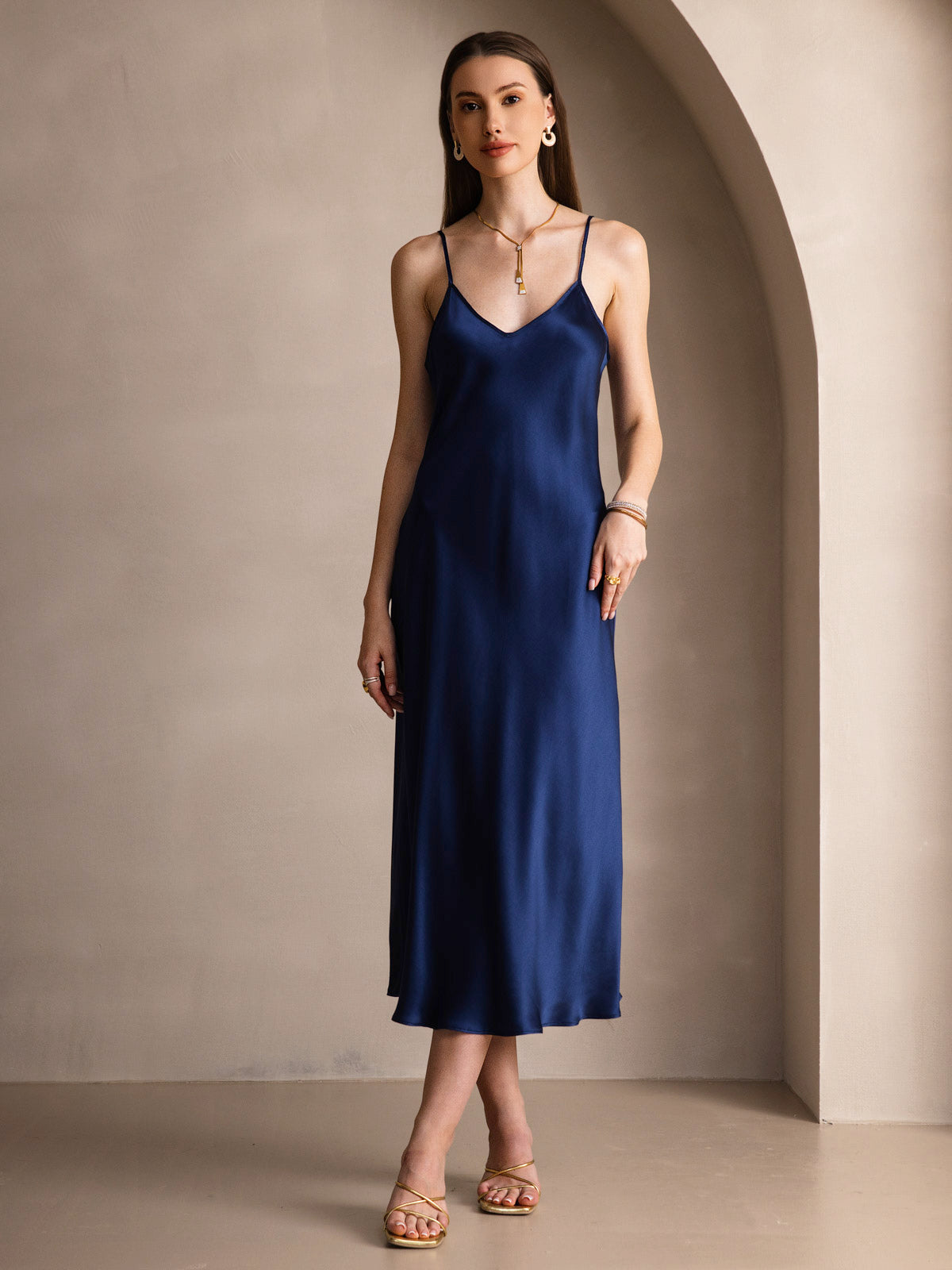 [Dunkelblau] SilkSilky-DE Reine Seide Dress 003