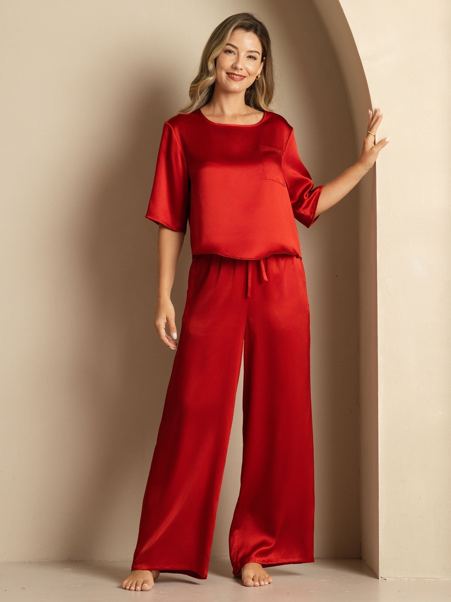 [Rotwein] SilkSilky-DE Reine Seide Womens Pajamas 005,