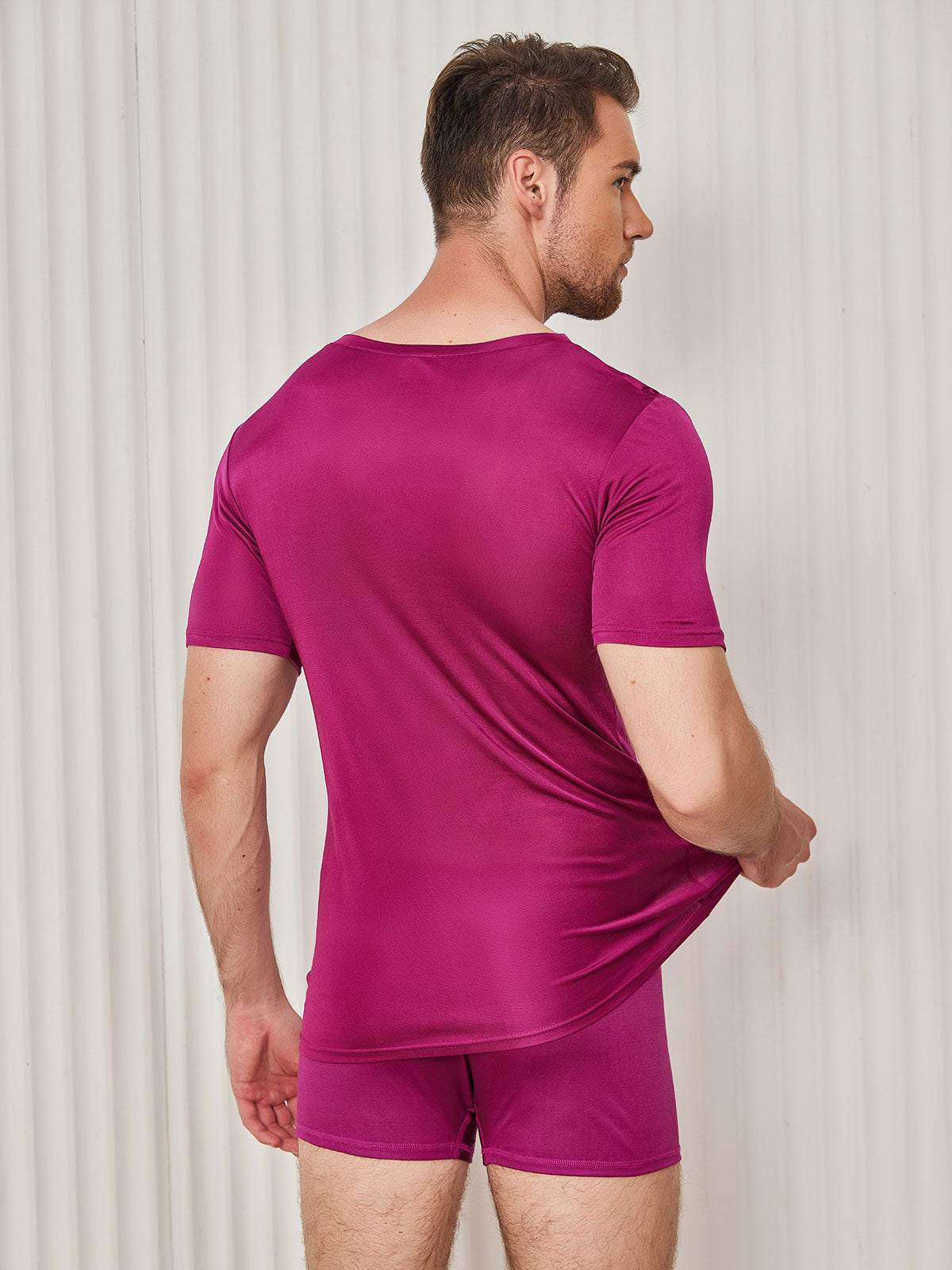 [Dunkelrot] SilkSilky-DE Seidenstrick Kurzärmelig V Ausschnitt Herren T-Shirt 002