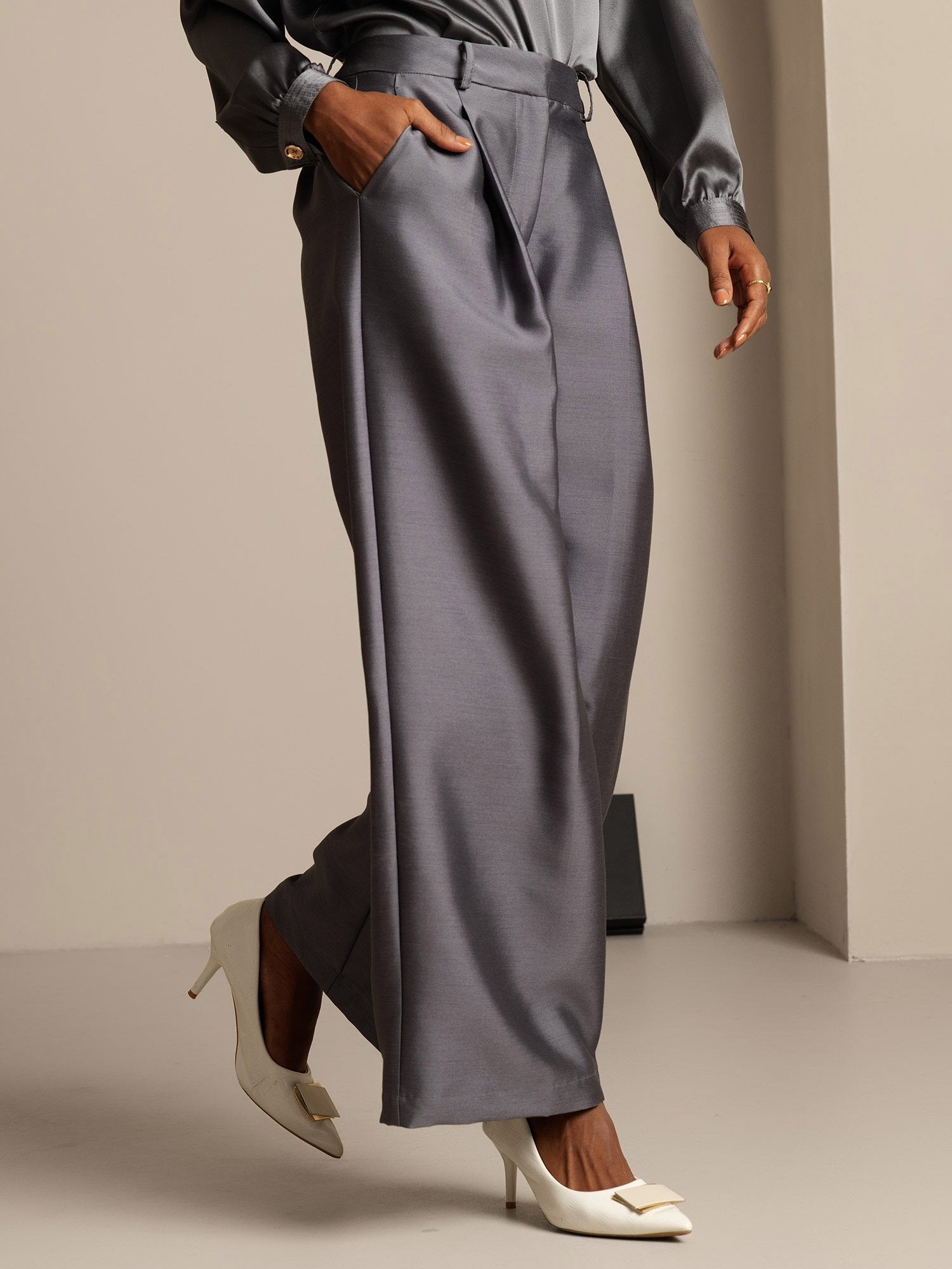 [Grau] SilkSilky-DE 32Momme Silk-Wool Blend Womens Pants 003,