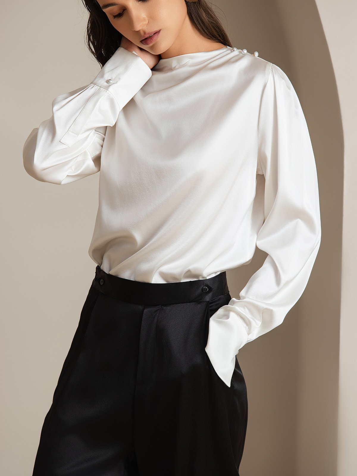 [Weiß] SilkSilky-DE 19Momme Seide Womens Shirt 003
