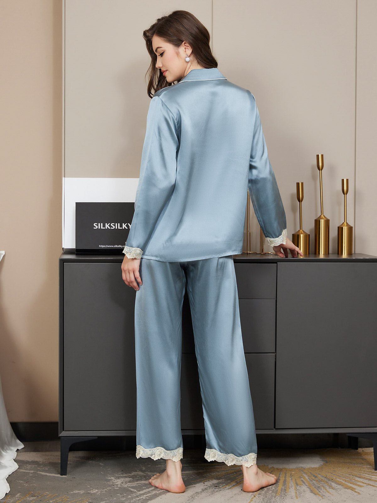 [Stahlblau] SilkSilky-DE Reine Seide Womens Pajamas 002