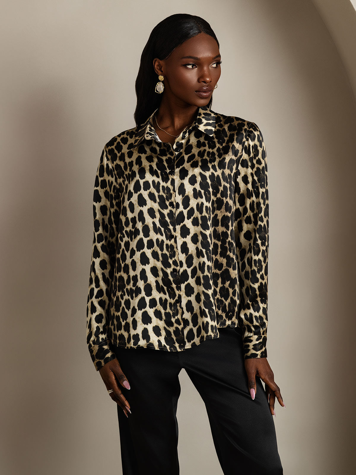 SilkSilky-DE Seide Langärmelig Umlegekragen Damenhemd Leopard 003