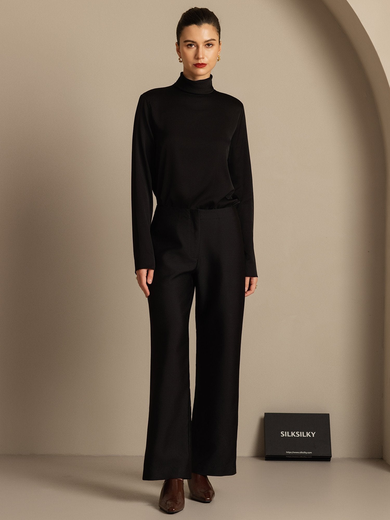 [Schwarz] SilkSilky-DE 32Momme Silk-Wool Blend Womens Pants 005,