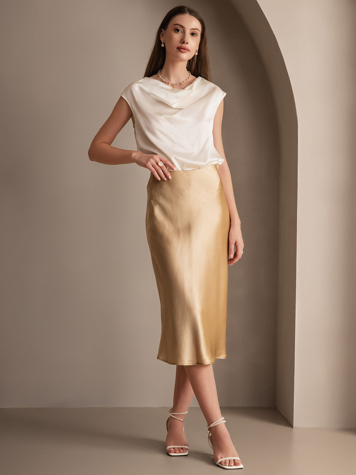 [Champagner] SilkSilky-DE 19Momme Reine Seide Skirt 001,