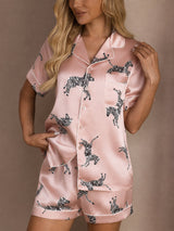 [Rosa Zebra] SilkSilky-DE Short Sleeve Lapel Collar Damen Pyjamas 004