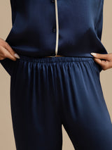 [Dunkelblau] SilkSilky-DE Langärmelig Notch-Kragen Damen Pyjamas 005