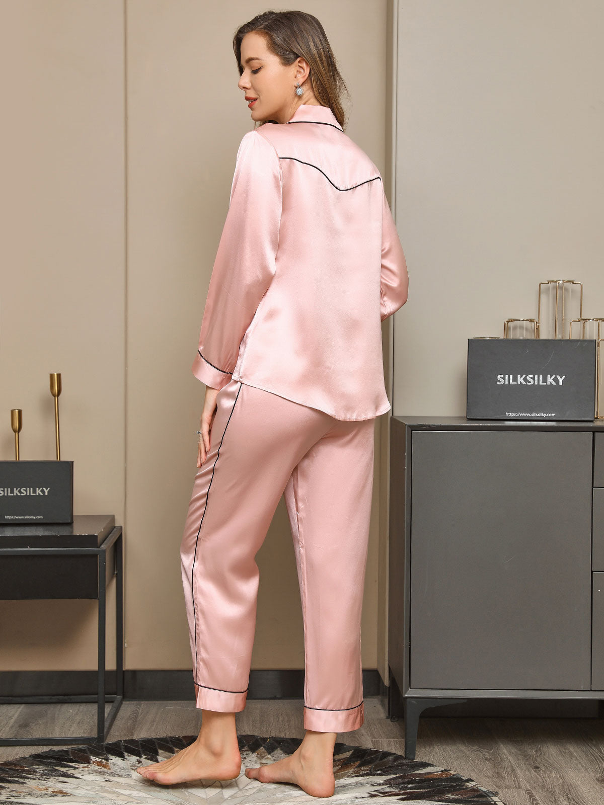 [Rosa] SilkSilky-DE 19Momme Reine Seide Langärmelig Revers Damen Pyjamas 002