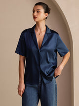 [Dunkelblau] SilkSilky-DE Short Sleeve Lapel Collar Damenhemd 003