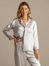 [Silber] SilkSilky-DE Langärmelig Notch-Kragen Damen Pyjamas 003