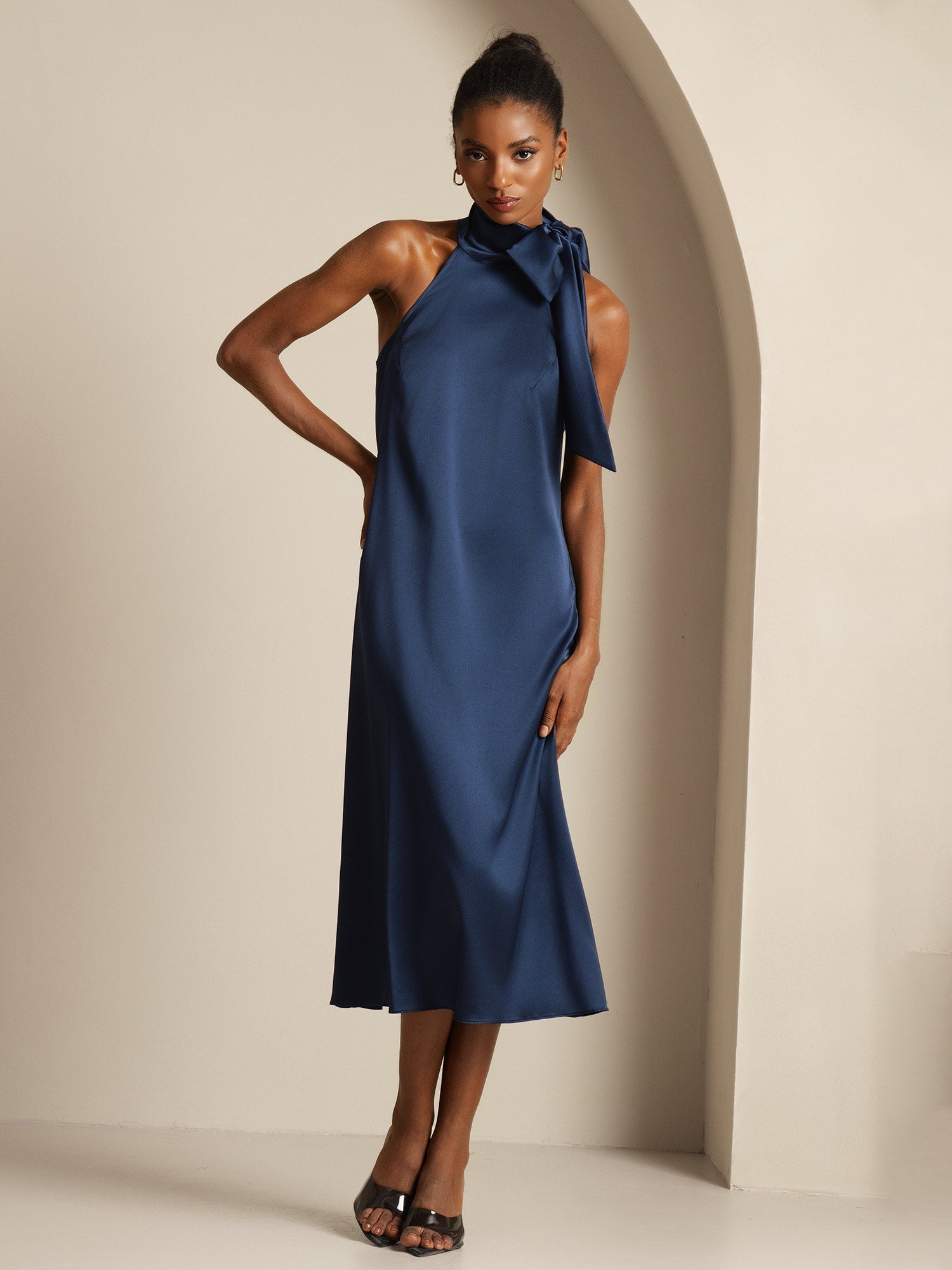 [Dunkelblau] SilkSilky-DE 19Momme Ärmellos Kleider 008