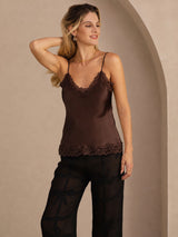 [Braun] SilkSilky-DE Spaghetti Strap V Neck Cami Top 003