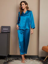 [König Blau] SilkSilky-DE Long Sleeve Notch-Kragen Damen Pyjamas 001