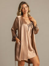 [Braun] SilkSilky-DE 3/4 Sleeve V Neck Nachthemd&Morgenmantel Set 006