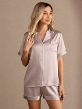 [Schatten Grau] SilkSilky-DE Short Sleeve Notch-Kragen Damen Pyjamas 005