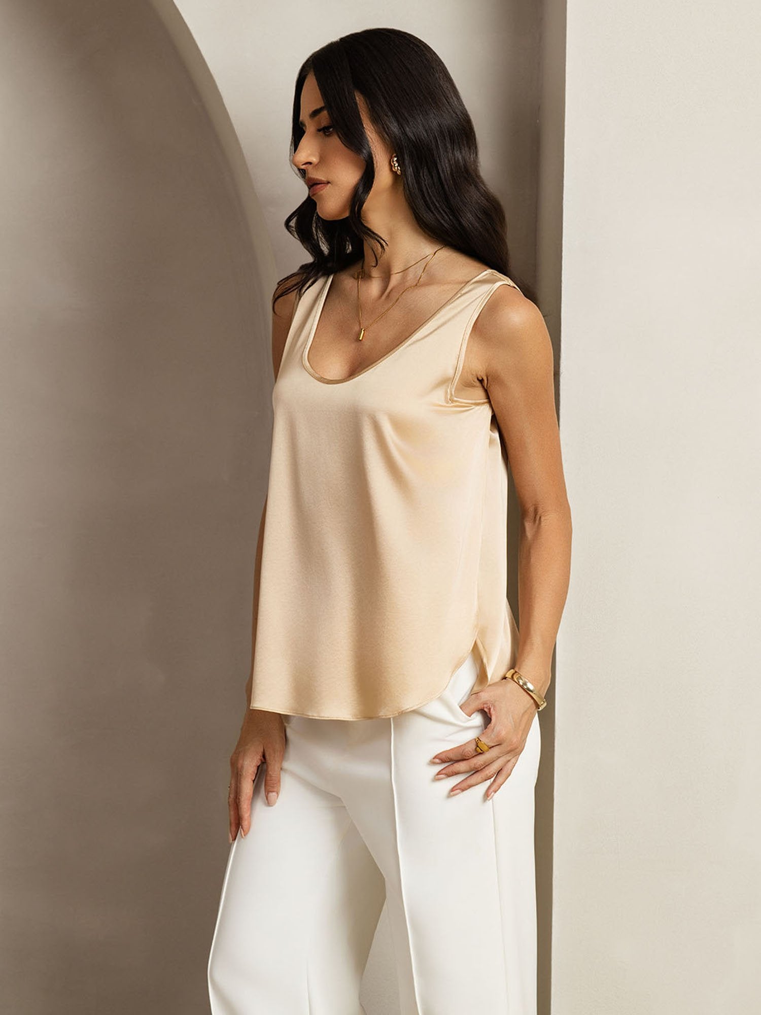 [Champagner] SilkSilky-DE 19Momme Seide U Ausschnitt T-Shirt 007