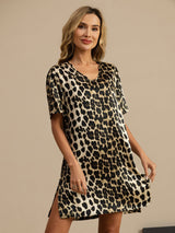 [Leopard] SilkSilky-DE Pure Silk Kurzärmelig V Ausschnitt Nachthemden 001