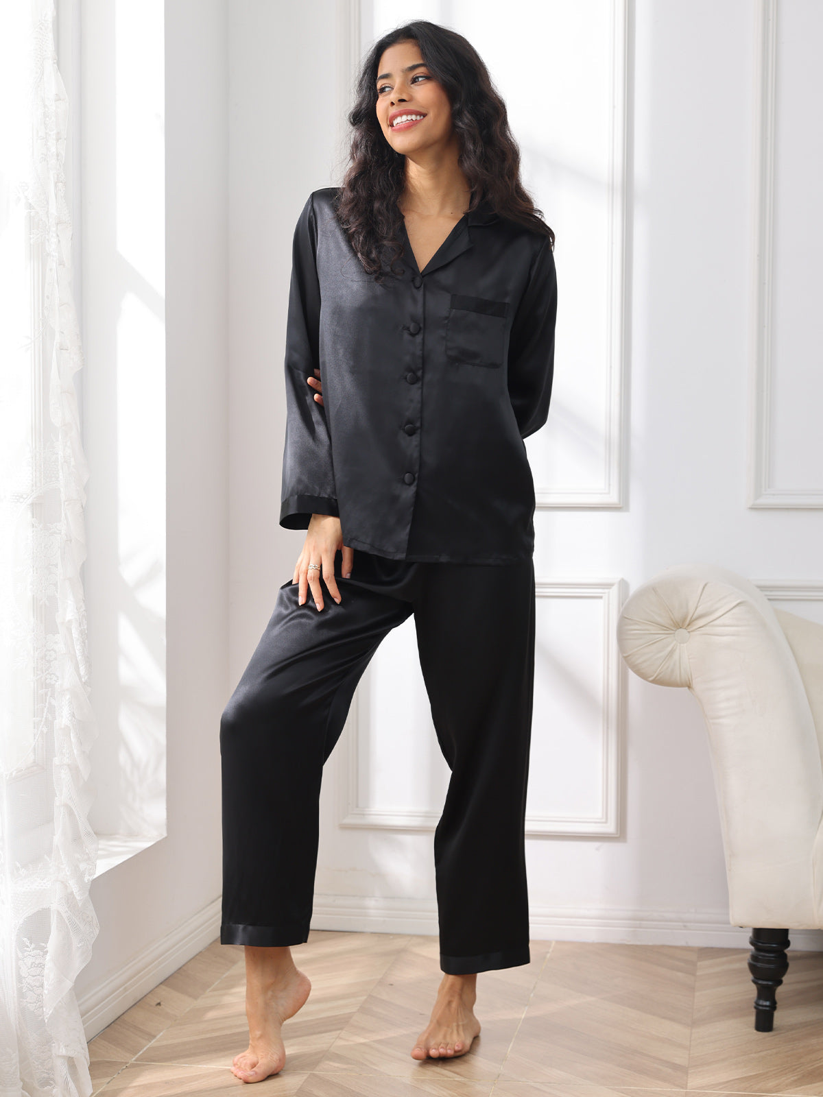 [Schwarz] SilkSilky-DE Reine Seide Womens Pajamas 004,