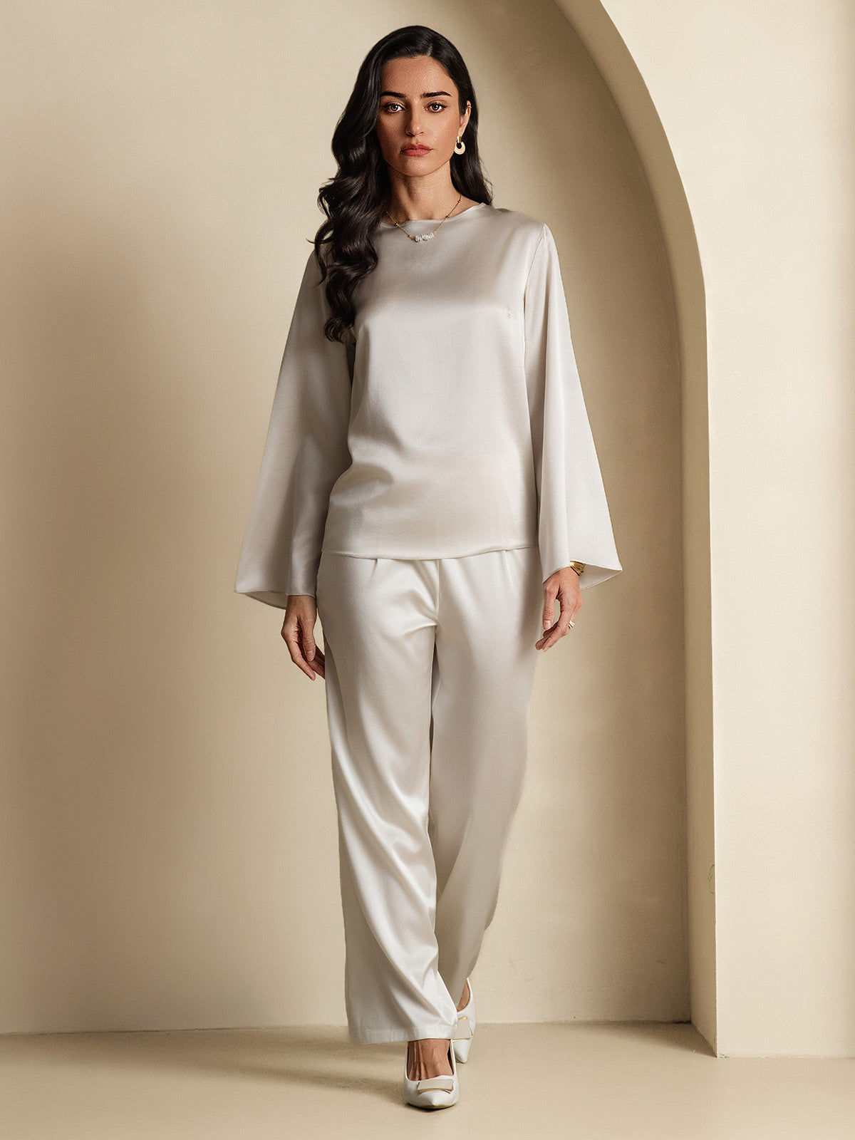 [Hellgrau] SilkSilky-DE 19Momme Seide Womens T-Shirt 006,