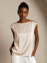 [Beige] SilkSilky-DE Cap Sleeve Round Neck T-Shirt 001