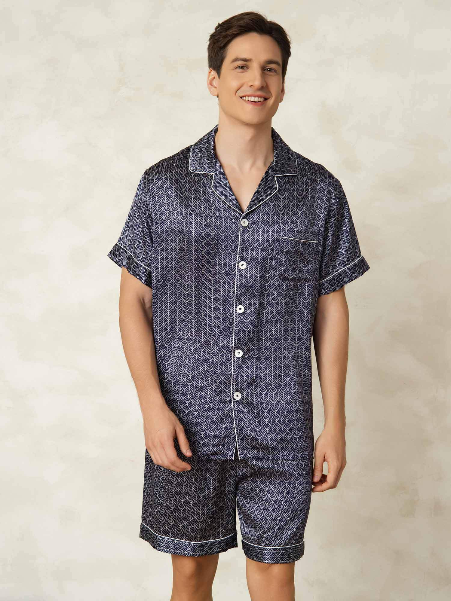 [Marine Ginkgo] SilkSilky-DE Kurzärmelig Notch-Kragen Herren Pyjamas 001