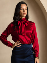 [Rotwein] SilkSilky-DE Long Sleeve High Neck Bluse 001