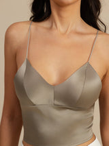 [Khaki] SilkSilky-DE Spaghetti Strap V Neck Cami Top 004