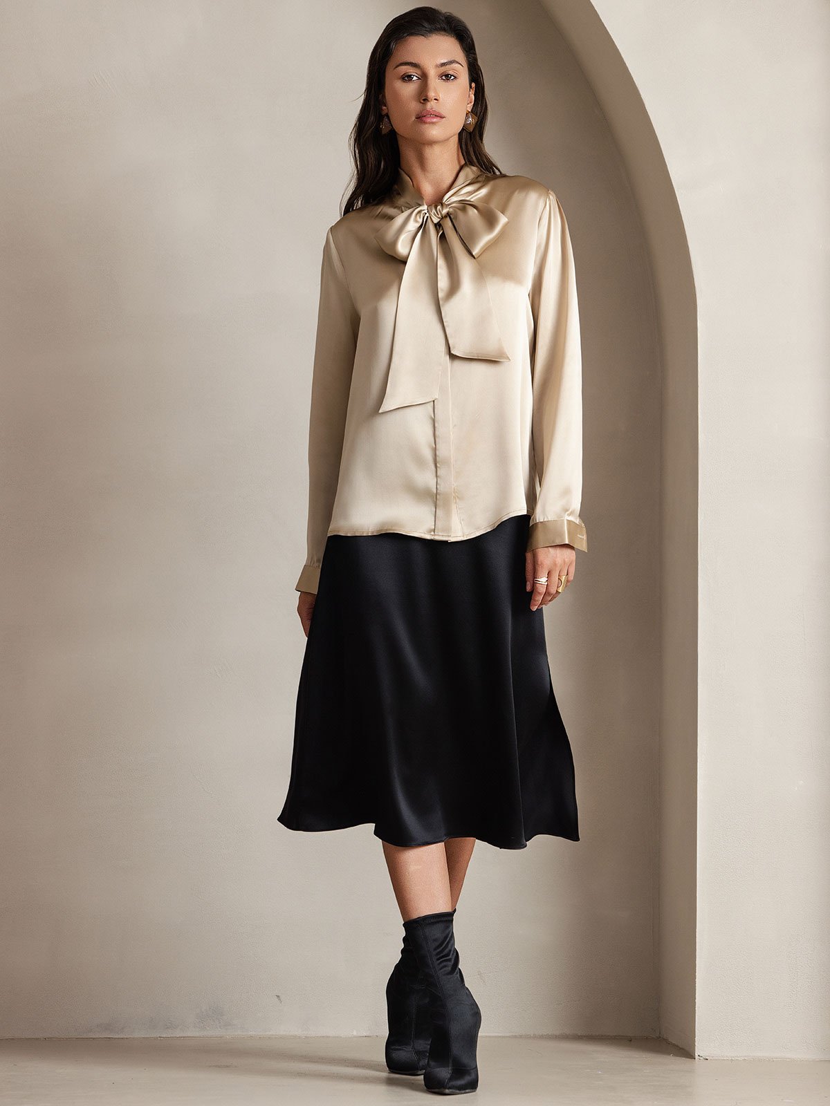 [Champagner] SilkSilky-DE 19Momme Seide Langärmelig Blouse 006