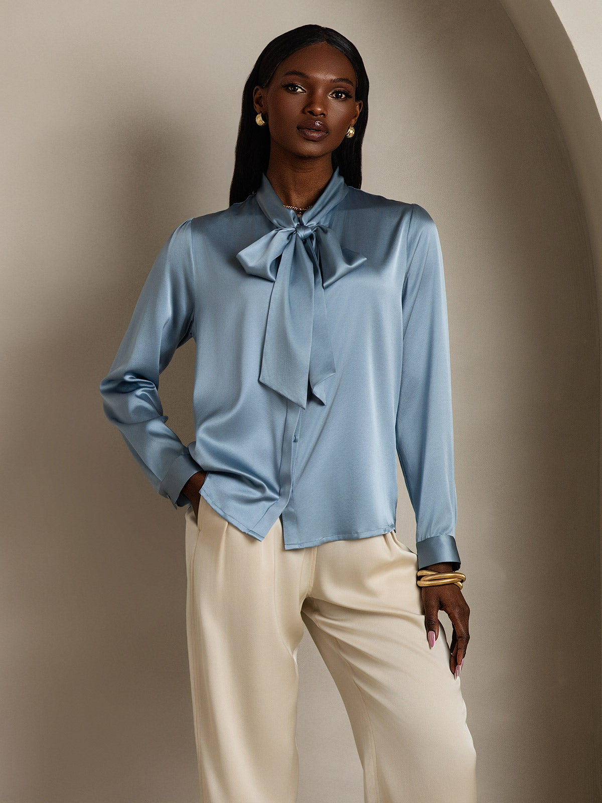 [Graublau] SilkSilky-DE 19Momme Seide Langärmelig Blouse 007