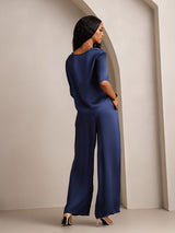 [Dunkelblau] SilkSilky-DE Half Sleeve Round Neck Damen Pyjamas 002