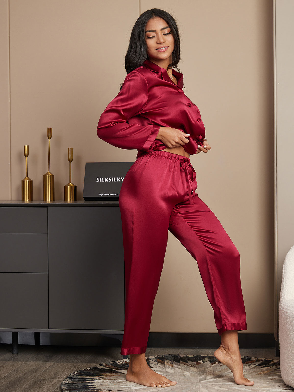 SilkSilky-DE Reine Seide Langärmelig Revers Damen Pyjamas Rotwein 005