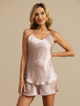 [Rosa Herz Geo] SilkSilky-DE 19Momme Spaghettiträger V Ausschnitt Camisole-Set 005