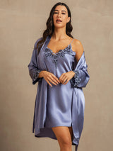 [Stahlblau] SilkSilky-DE 3/4 Sleeve V Neck Nachthemd&Morgenmantel Set 003