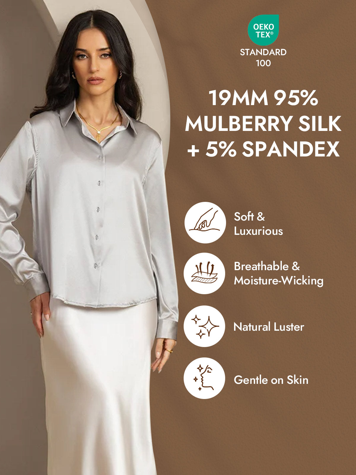 [Hellgrau] SilkSilky-DE Seide Langärmelig Umlegekragen Damenhemd 004