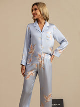 [Hellblau] SilkSilky-DE Long Sleeve Notch-Kragen Damen Pyjamas 003