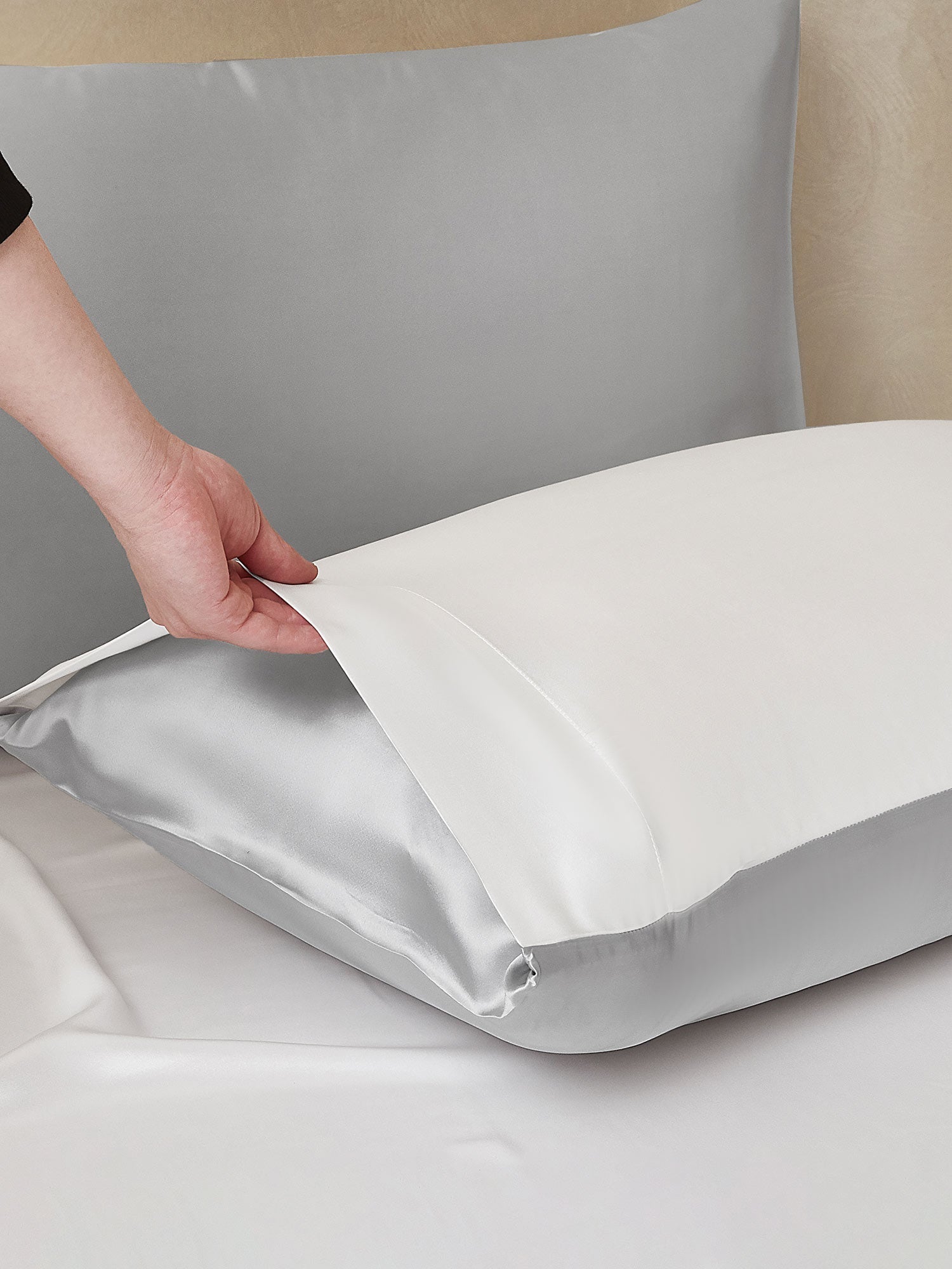 [Hellgrau+Weiß] SilkSilky-DE 22Momme Reine Seide Bedding Set 003,