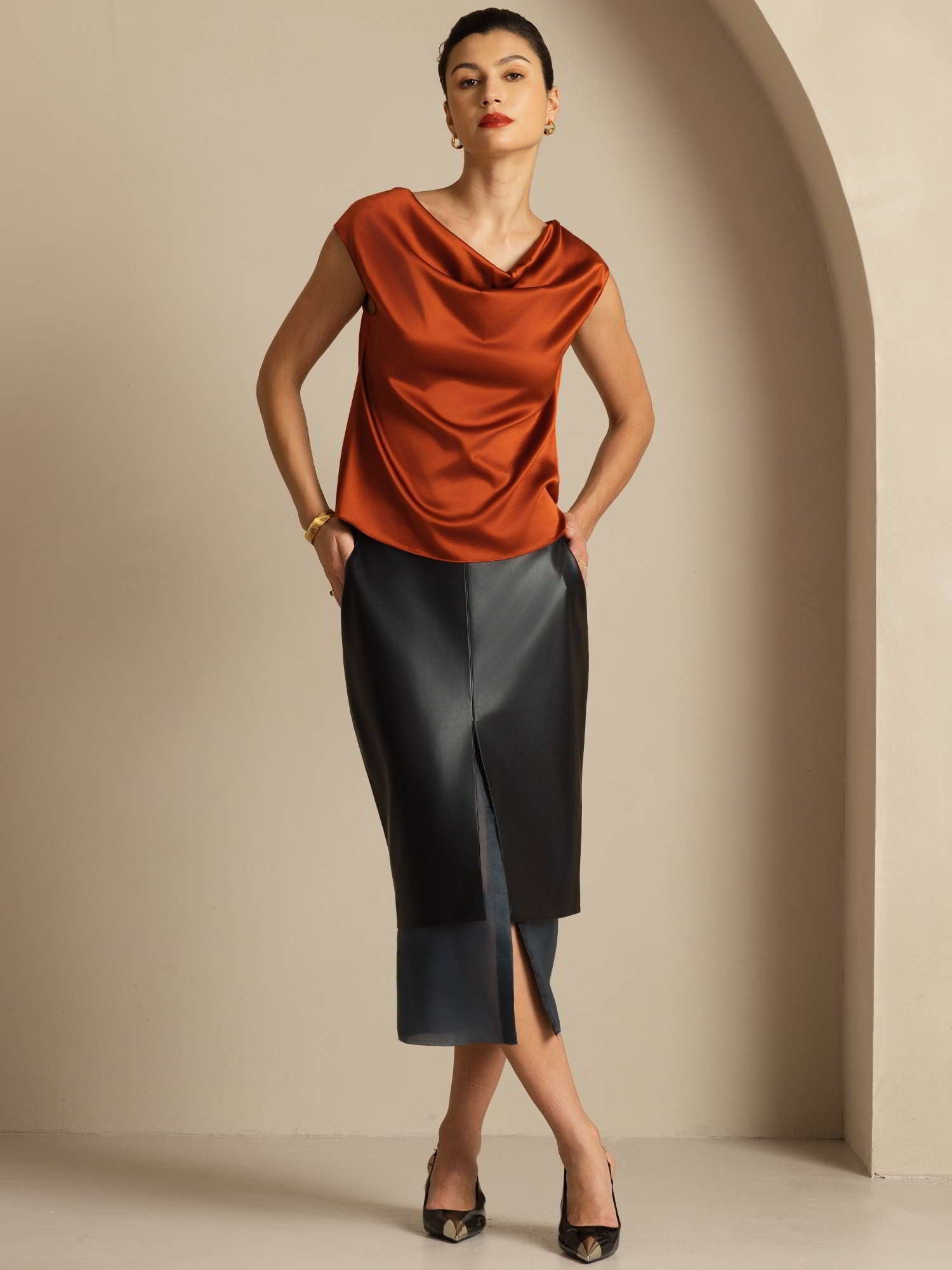 [Karamell] SilkSilky-DE 19Momme Seide Ärmellos Wasserfallausschnitt T-Shirt 008