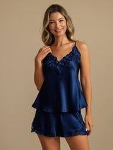 [Dunkelblau] SilkSilky-DE Sleeveless V Neck Camisole-Set 003