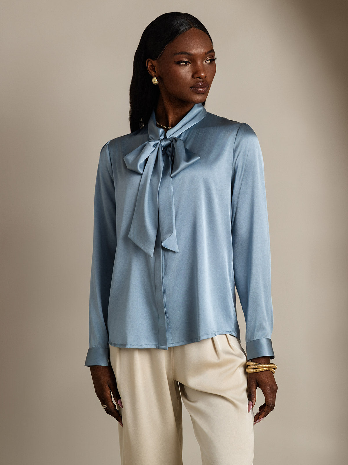 [Graublau] SilkSilky-DE 19Momme Seide Langärmelig Blouse 004