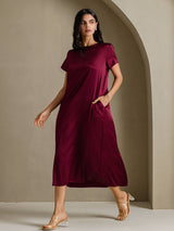 [Dunkelrot] SilkSilky-DE Short Sleeve Crew Neck Kleider 007