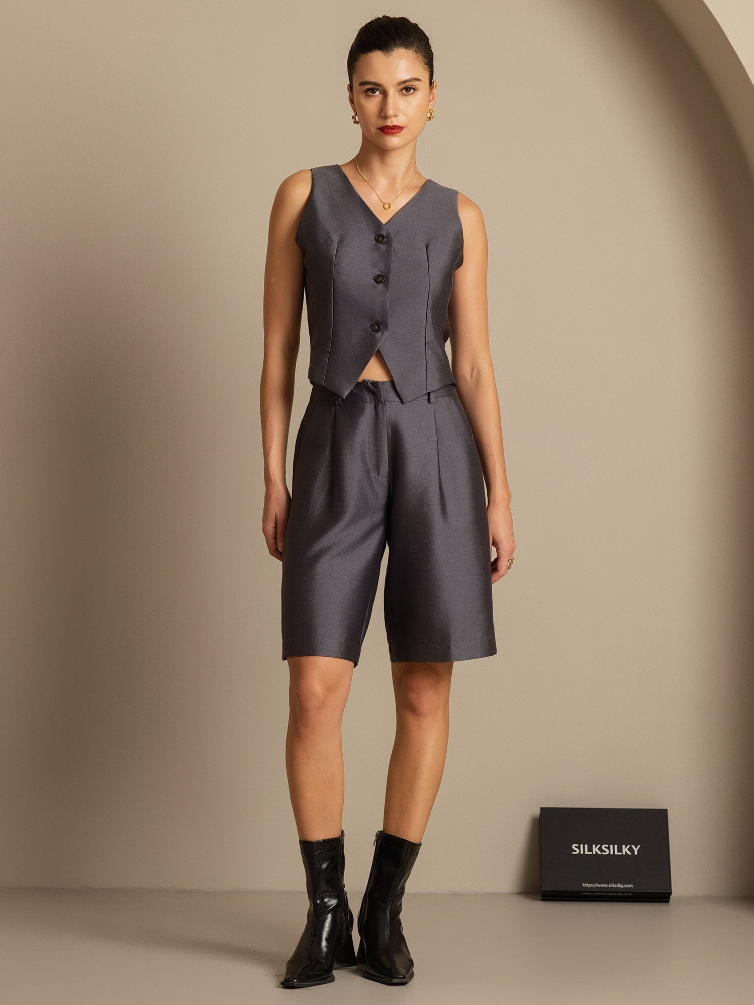 [Grau] SilkSilky-DE 32Momme Silk-Wool Blend V Ausschnitt Damenweste 001,