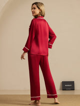 [Rotwein] SilkSilky-DE Langärmelig Notch-Kragen Damen Pyjamas 002