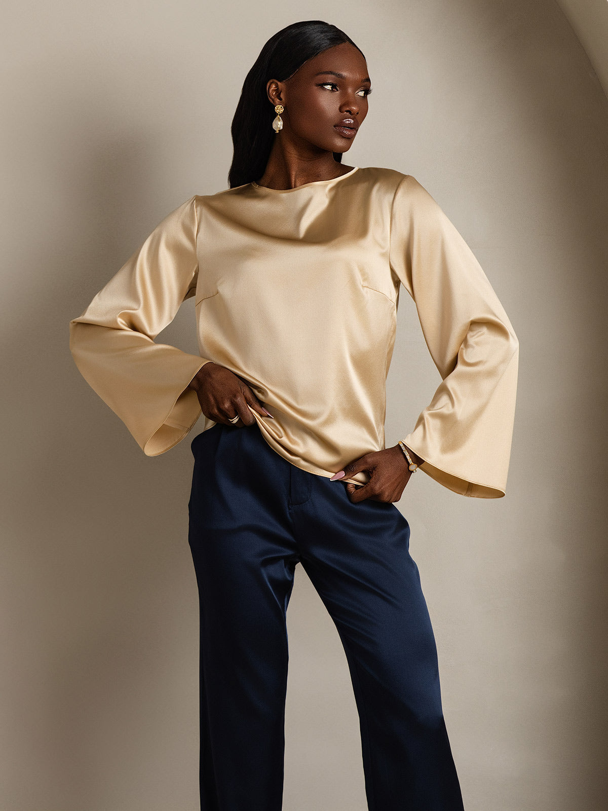 [Champagner] SilkSilky-DE 19Momme Seide Womens T-Shirt 003,