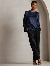 [Dunkelblau] SilkSilky-DE Long Sleeve Boat Neck Bluse 006